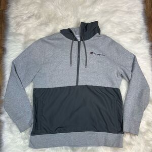 Champion~Men's~Fleece Woven-Mix Half Zip Two Tone Hoodie Heather Gray~Size Large